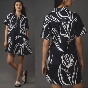 Anthropologie Short Sleeve Swing Tunic Abstract Floral Mini Dress Navy Blue XS